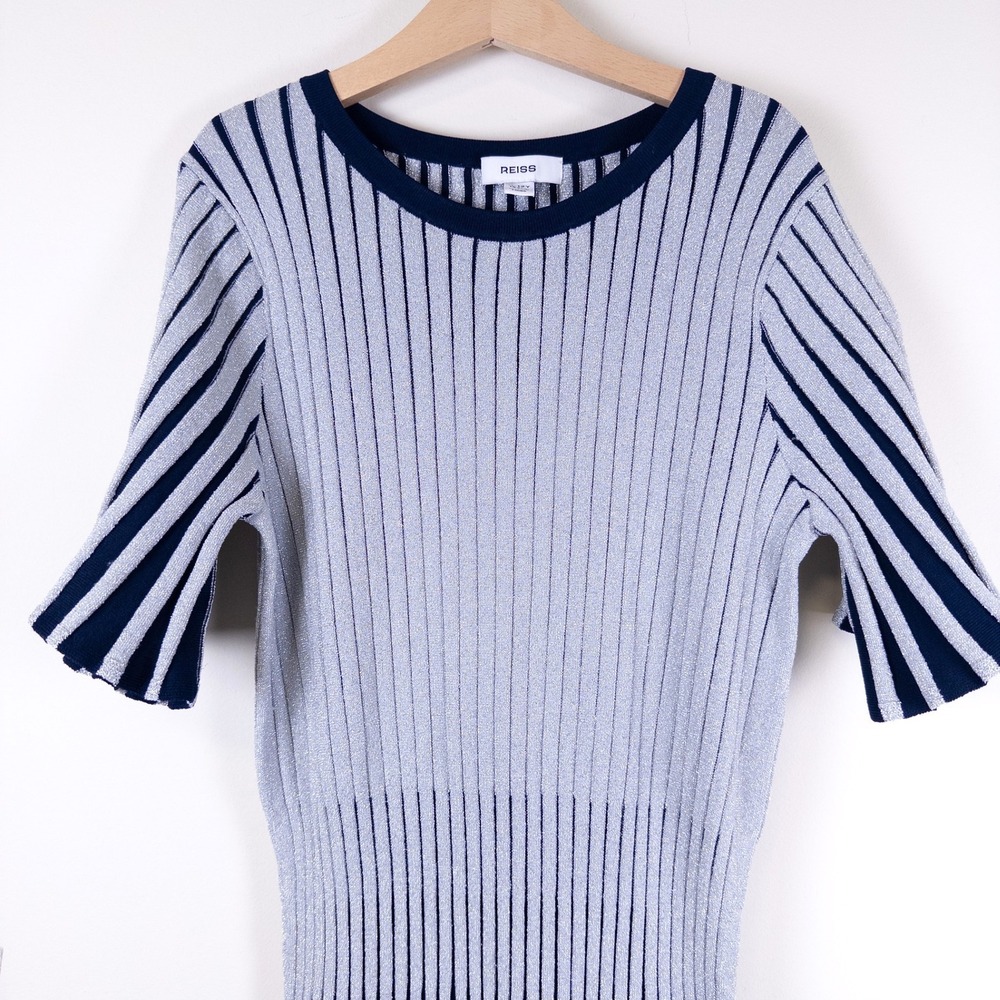 REISS‎ Ribbed Knit Dress Girls 11-12Y Navy Silver Metallic Stripe Skater Dress